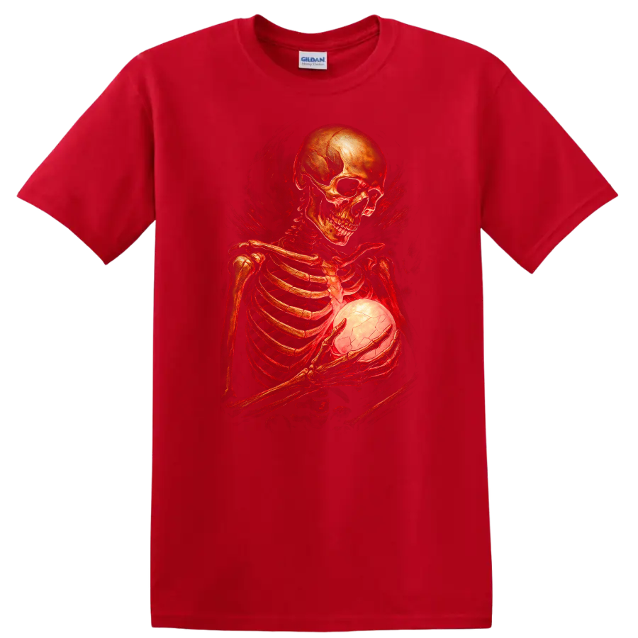 Gothic skeleton holding a glowing cracked orb in red vintage horror art on a Red T Shirt