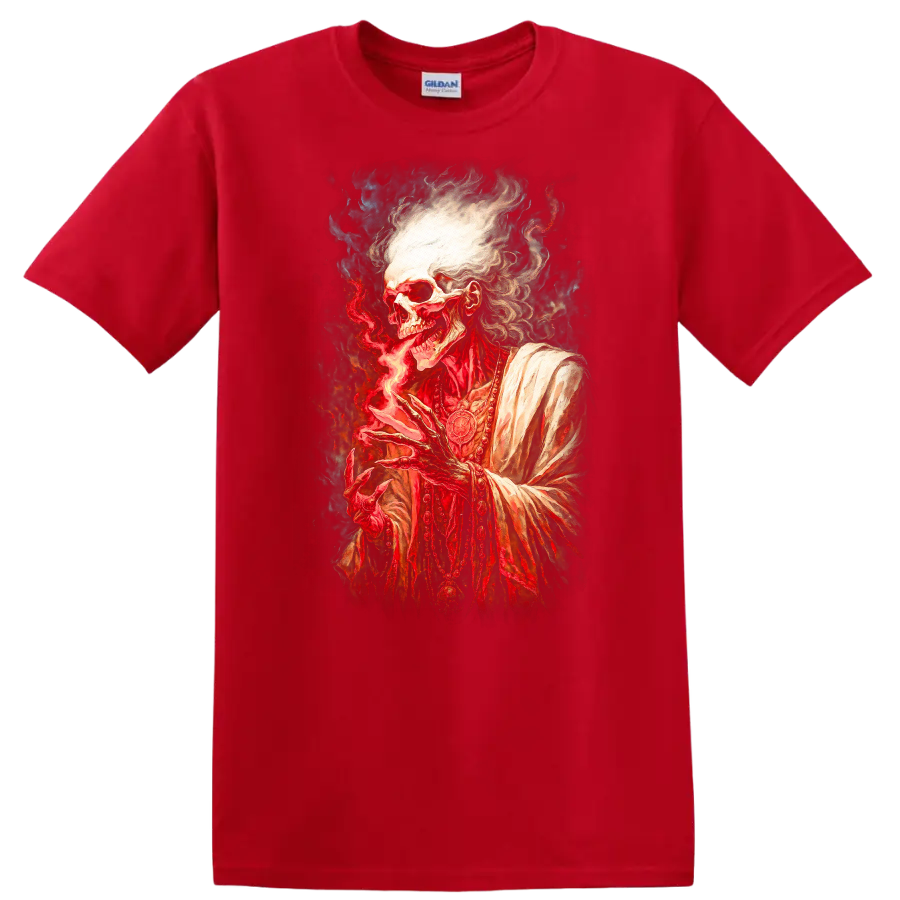 Gothic robed skeleton conjuring red flame in a detailed dark fantasy illustration on a Red T Shirt