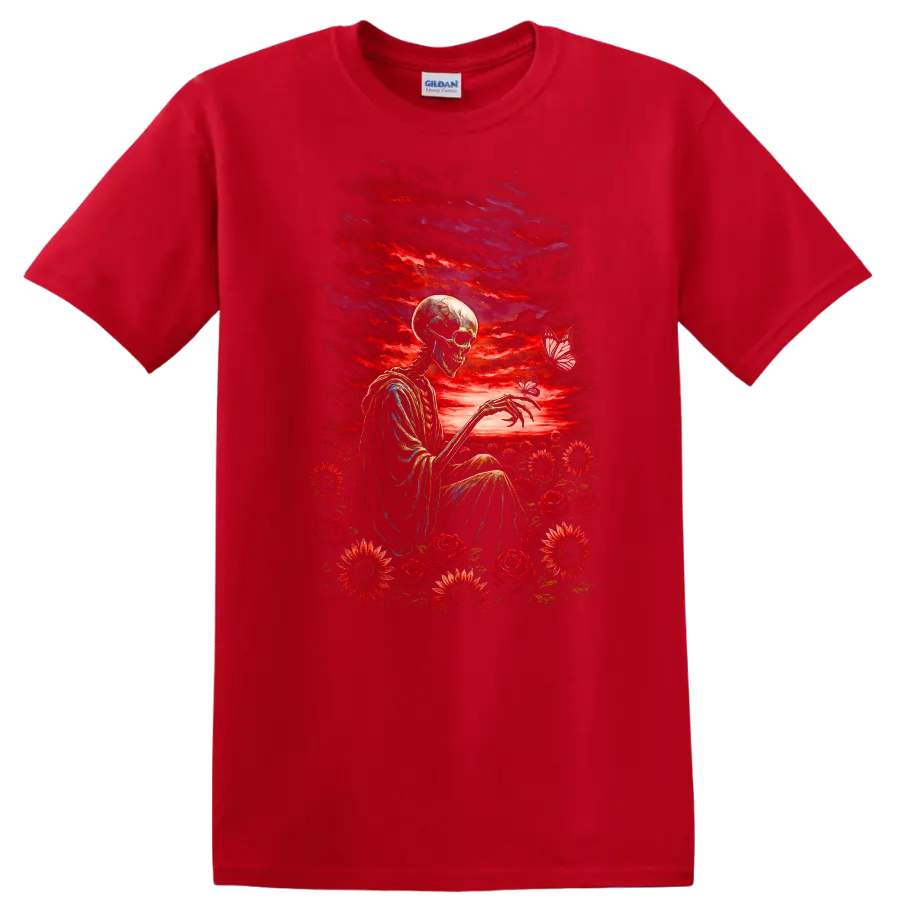 Vintage-style skeleton with red roses, flowers, butterflies, and a dramatic sky on a Red T Shirt