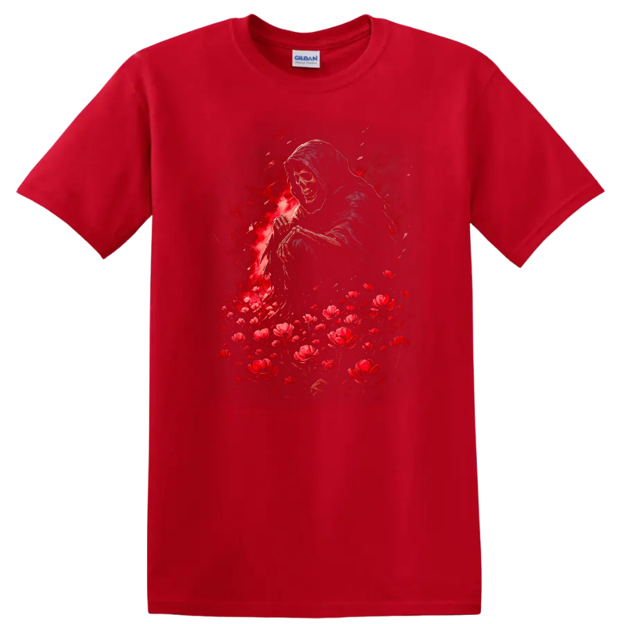 Hooded grim reaper skull with red flowers in distressed gothic illustration on a Red T Shirt