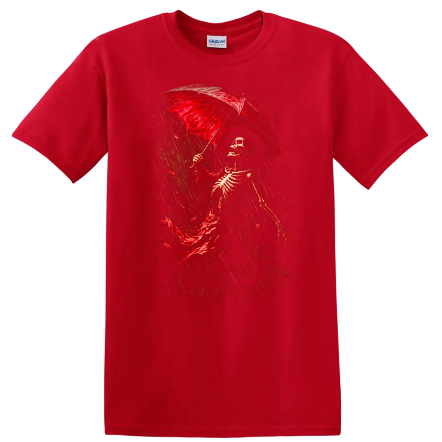 Vintage Gothic skeleton walking in rain beneath a red umbrella on a Red T Shirt