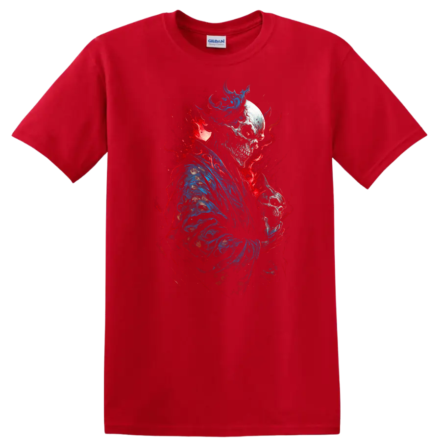 Crowned skeleton in blue robes holding a skull amid red and blue gothic splatter on a Red T Shirt
