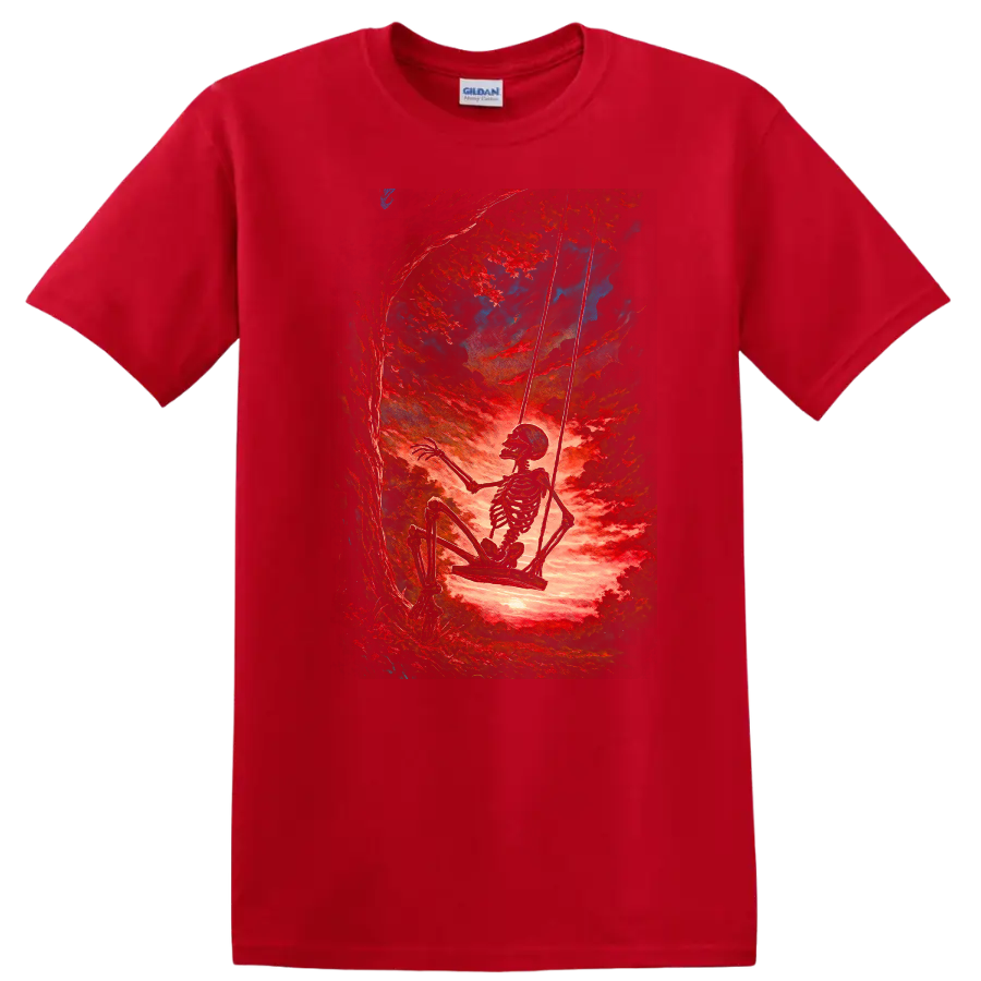 Vintage skeleton swinging beneath red trees in surreal gothic forest art on a Red T Shirt