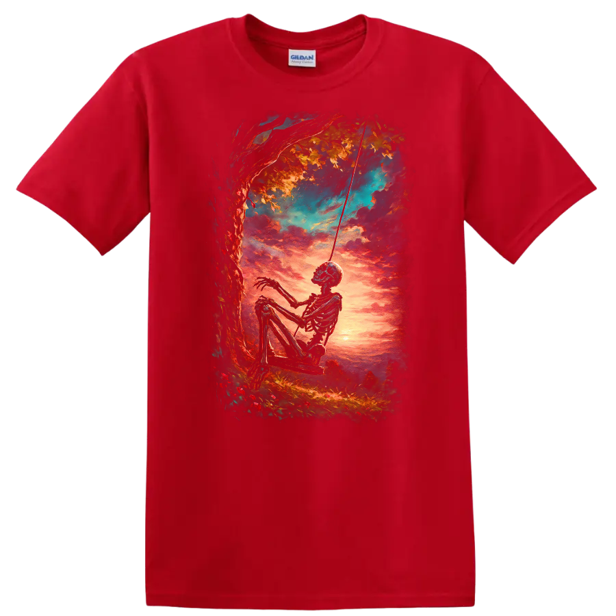 Vintage gothic skeleton on a swing beneath a tree at a vivid sunset on a Red T Shirt