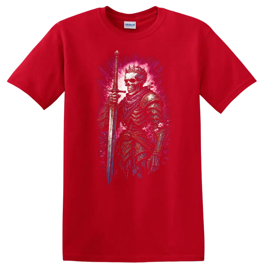 Crowned skeleton warrior with sword, ornate armor, and vivid floral gothic artwork on a Red T Shirt