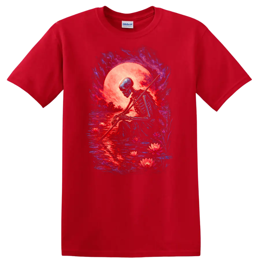 Moonlit skeleton with staff, lotus flowers, reflective water, and gothic full moon art on a Red T Shirt