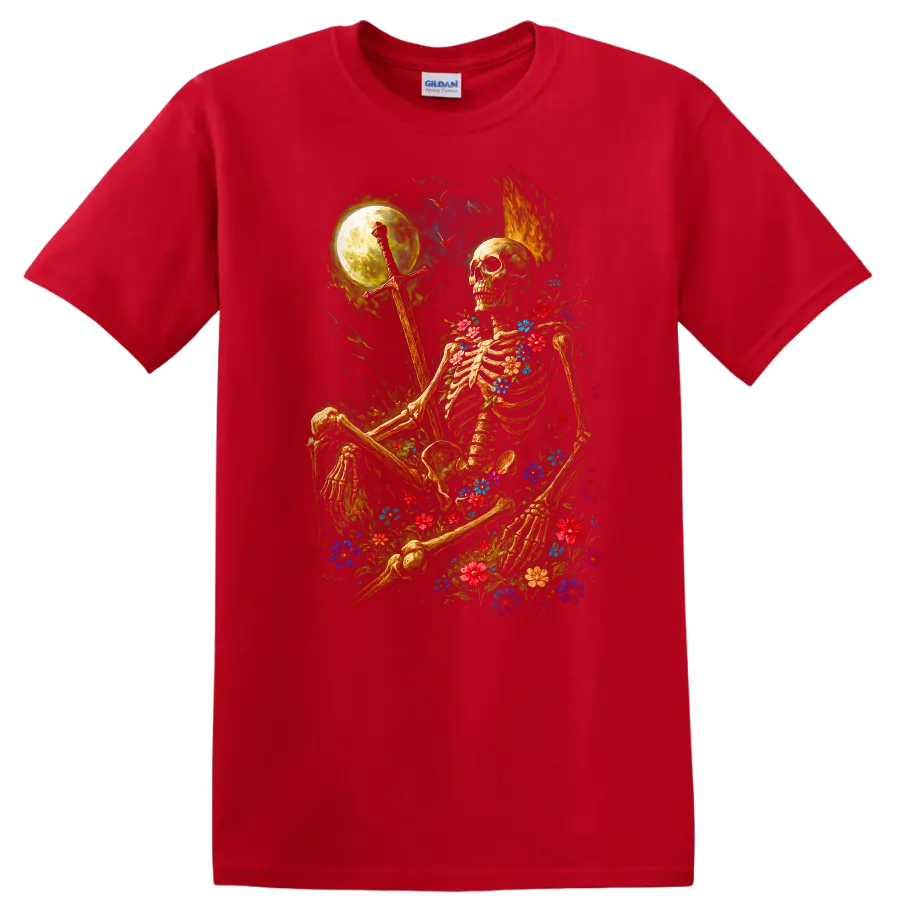 Moonlit floral skeleton holding a sword in a gothic flower-filled night scene on a Red T Shirt