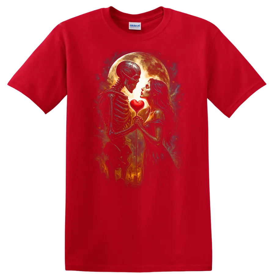 Romantic skeleton and woman holding a heart beneath a full moon in gothic art on a Red T Shirt