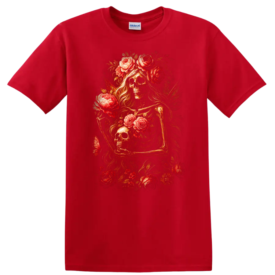 Vintage gothic skeletal figures and skulls surrounded by red roses and foliage on a Red T Shirt