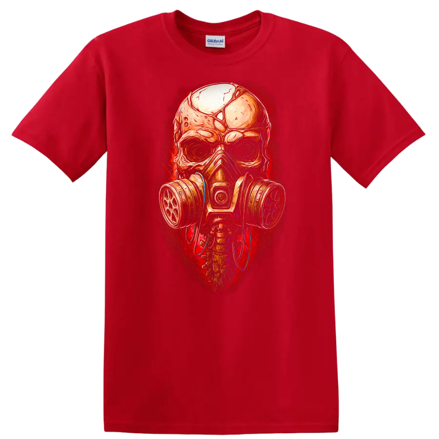 Gothic illustrated skull wearing a gas mask with distressed red horror-art backdrop on a Red T Shirt