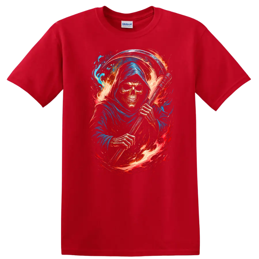 Hooded Grim Reaper skeleton with scythe, swirling flames, and blue gothic artwork on a Red T Shirt