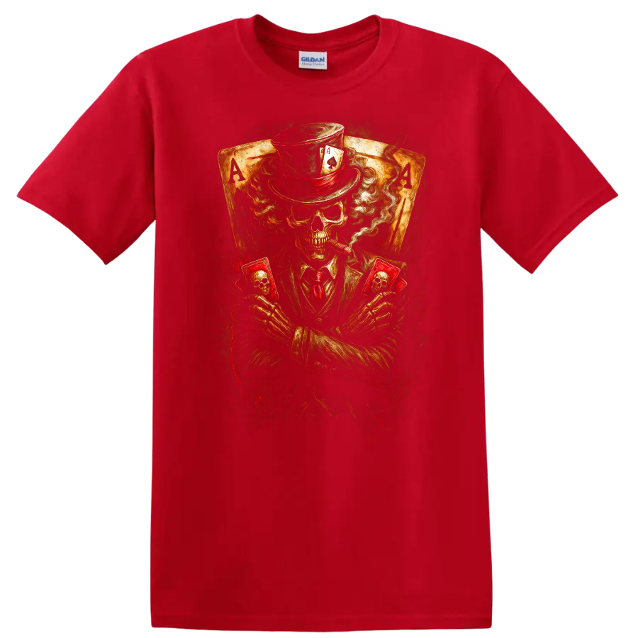 Vintage gothic skeleton poker player in top hat holding skull cards before ace cards on a Red T Shirt
