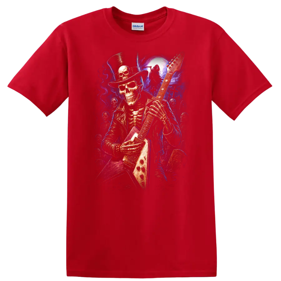 Top-hatted skeleton guitarist in vivid gothic moonlit graveyard art on a Red T Shirt