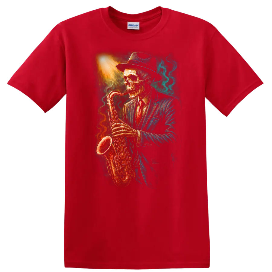 Vintage gothic skeleton in a suit and hat playing a glowing saxophone on a Red T Shirt