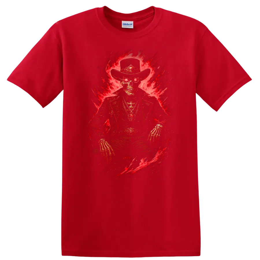 Skeleton cowboy in a wide-brim hat with fiery red gothic horror artwork on a Red T Shirt
