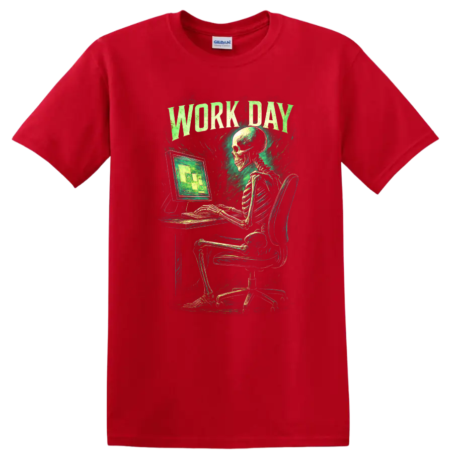Work Day skeleton at computer in distressed vintage gothic green graphic on a Red T Shirt