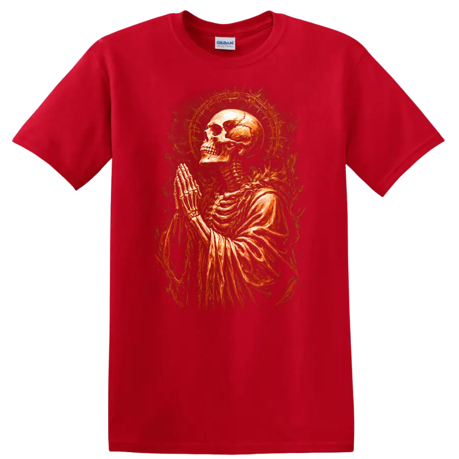 Praying skeleton skull with fiery halo in vintage gothic dark-art style on a Red T Shirt