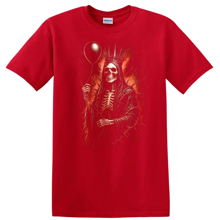Crowned skeleton holding a balloon in distressed red and black gothic horror art on a Red T Shirt