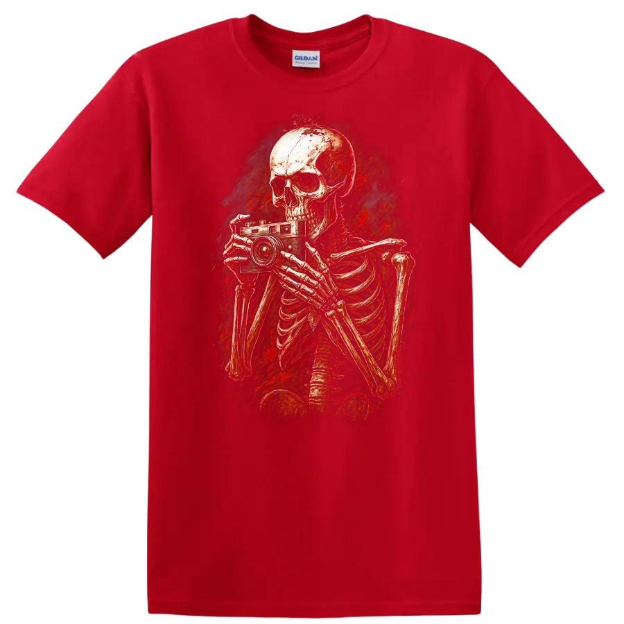 Distressed gothic skeleton photographer holding a vintage camera horror art graphic on a Red T Shirt