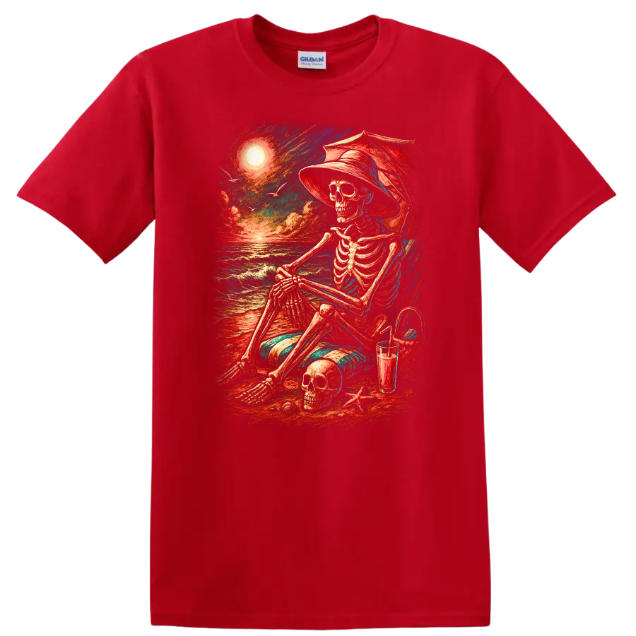 Vintage-style skeleton in beach chair with skull, ocean waves, hat, and sunset on a Red T Shirt