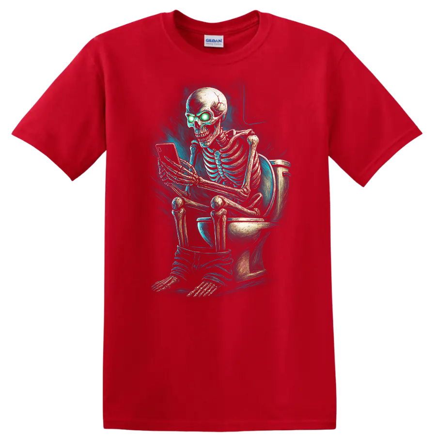 Vintage gothic skeleton on toilet using phone with glowing green eyes on a Red T Shirt