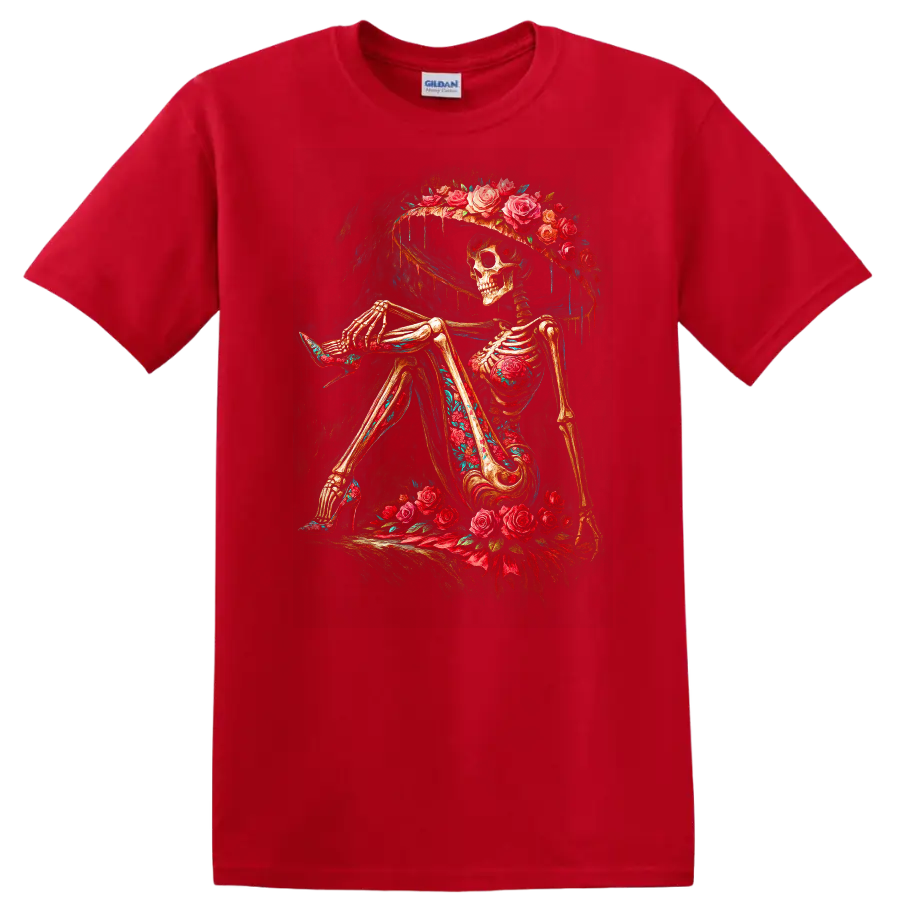 Vintage gothic skeleton in a wide-brim hat surrounded by red roses on a Red T Shirt