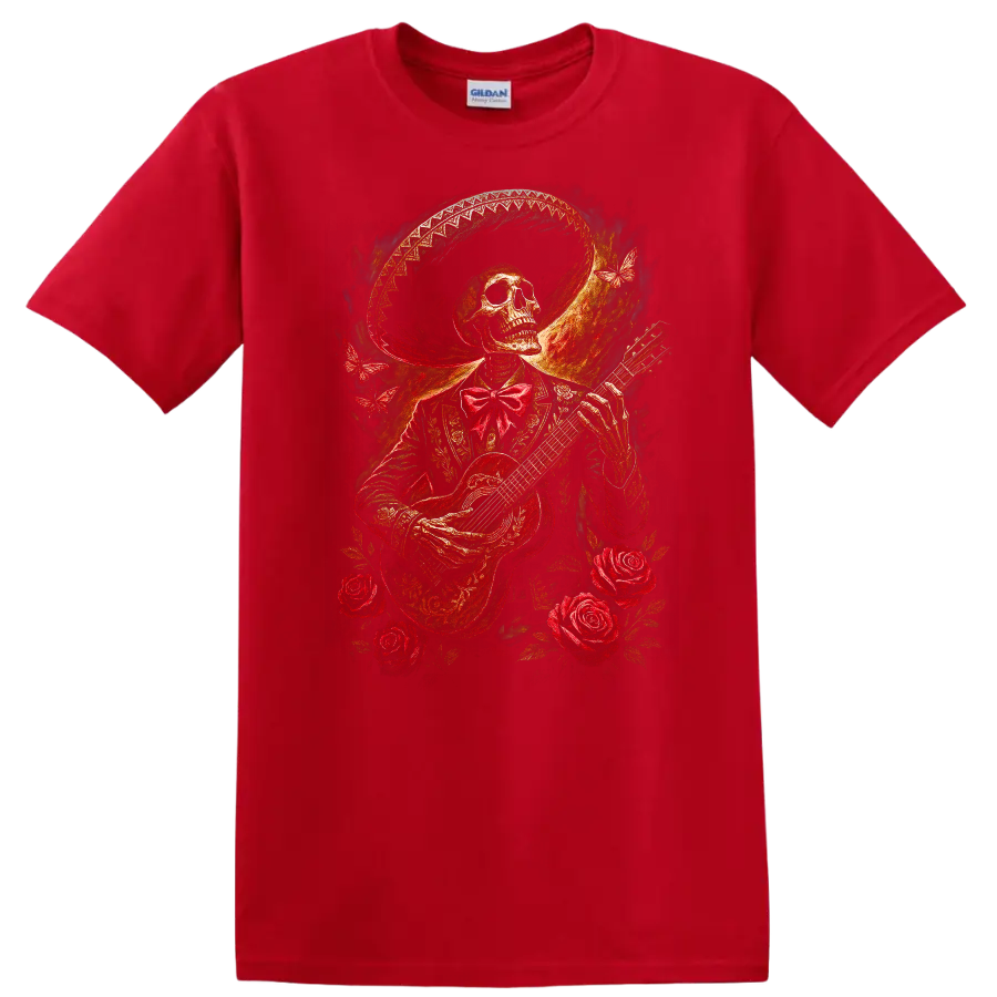 Vintage gothic skeleton guitarist with roses, butterflies, and ornate wide-brimmed hat on a Red T Shirt