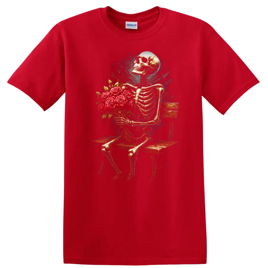 Vintage gothic skeleton holding a bouquet of red roses while seated on a wooden bench on a Red T Shirt