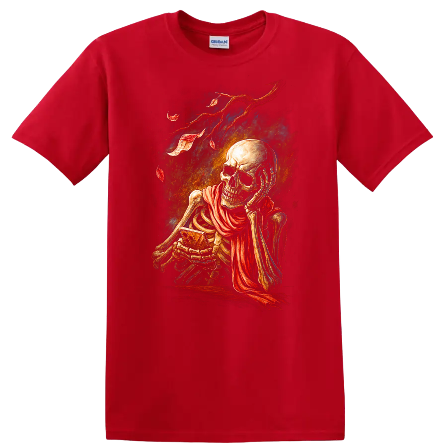 Vintage gothic skeleton skull illustration with flowing red scarf and distressed ribbons on a Red T Shirt
