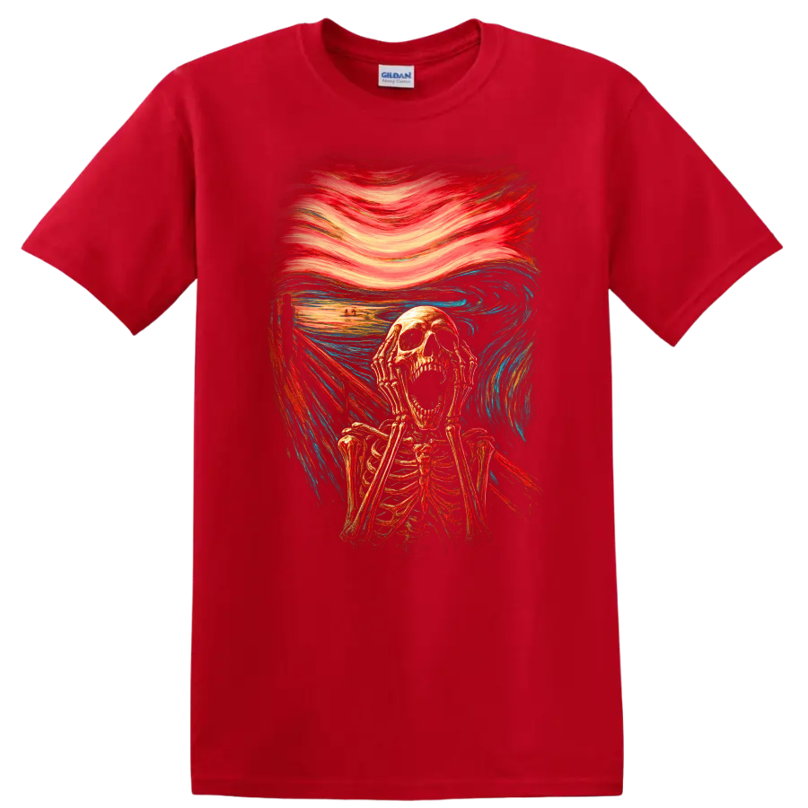 Screaming skeleton in vintage gothic horror art with swirling red and blue brushwork on a Red T Shirt