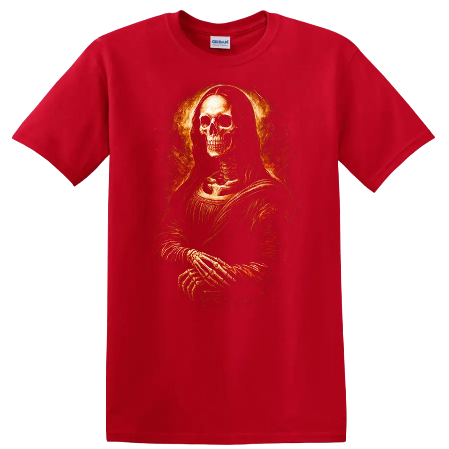 Vintage gothic skeleton portrait with crossed hands and fiery distressed halo on a Red T Shirt