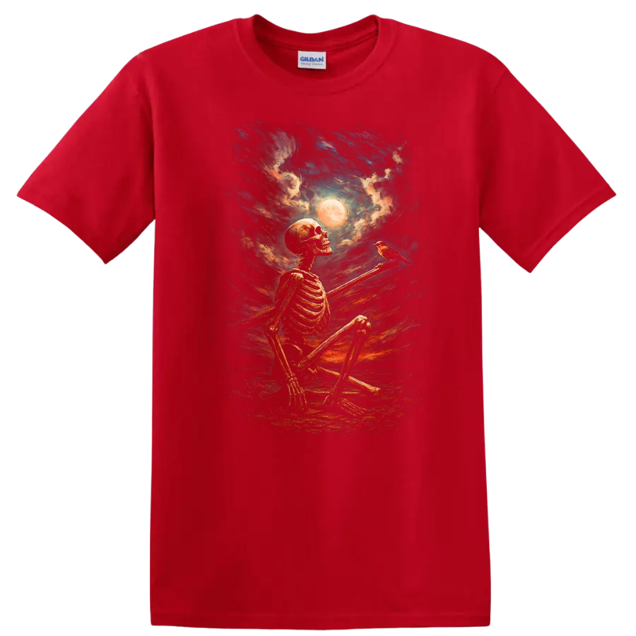 Vintage gothic painting of seated skeleton, bird, full moon, and dramatic night sky on a Red T Shirt