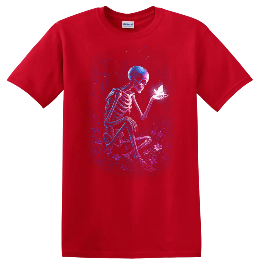 Gothic skeleton holding a glowing butterfly amid neon wildflowers on a Red T Shirt