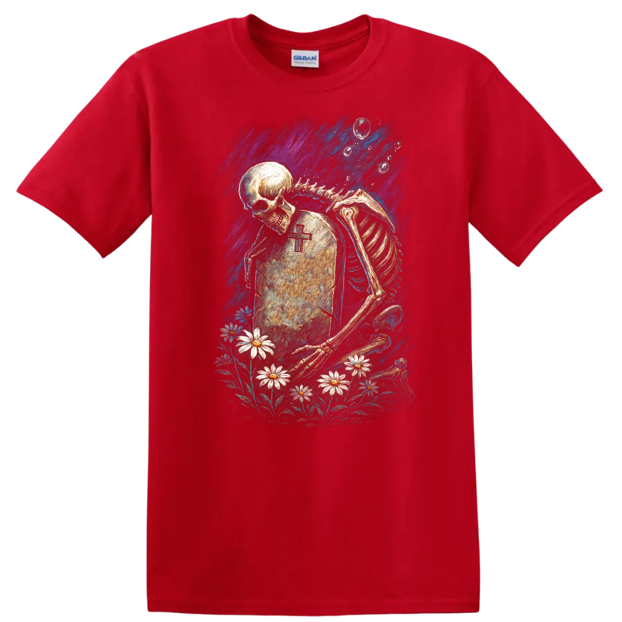 Skeleton mourning beside a cross tombstone and daisies in vintage gothic artwork on a Red T Shirt