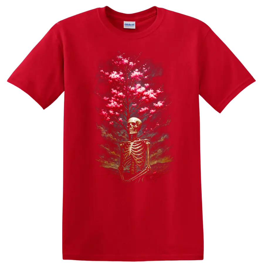 Vintage gothic skeleton skull with pink blooming branches and smoky teal backdrop on a Red T Shirt