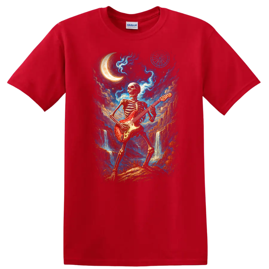 Skeleton guitarist with red electric guitar in moonlit gothic fantasy art on a Red T Shirt