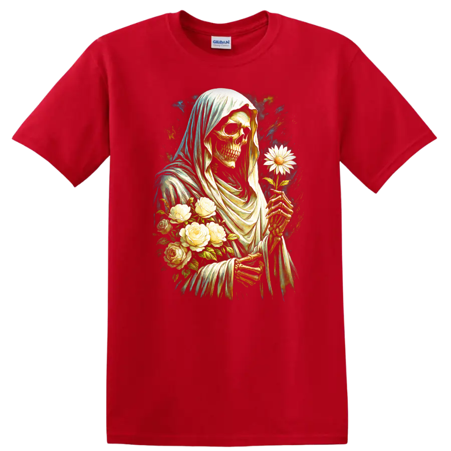 Vintage gothic hooded skeleton holding a white daisy with roses on a Red T Shirt