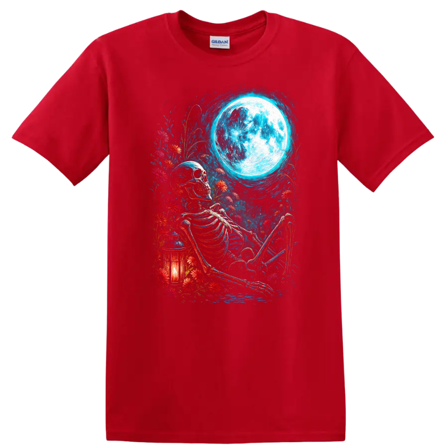 Vintage gothic skeleton resting among wildflowers beneath a full moon with lantern on a Red T Shirt