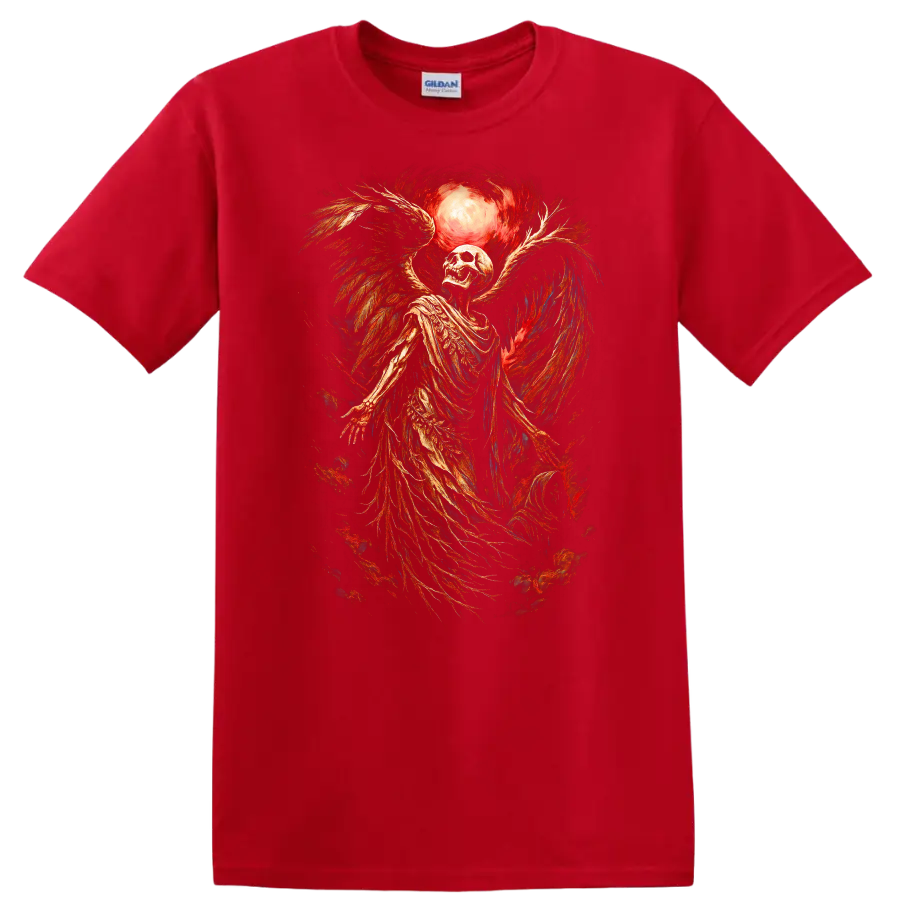 Vintage winged skeleton skull beneath a glowing moon in distressed gothic art on a Red T Shirt