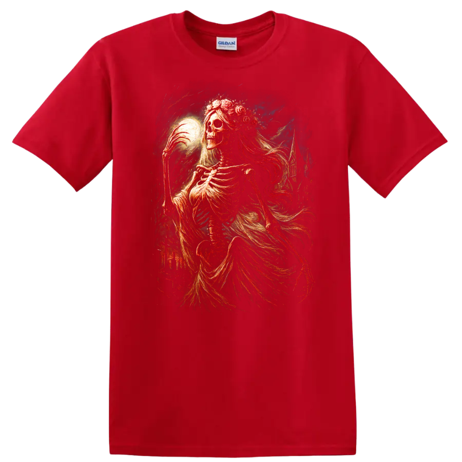 Moonlit floral skeleton in ornate vintage gothic art with flowing drapery on a Red T Shirt