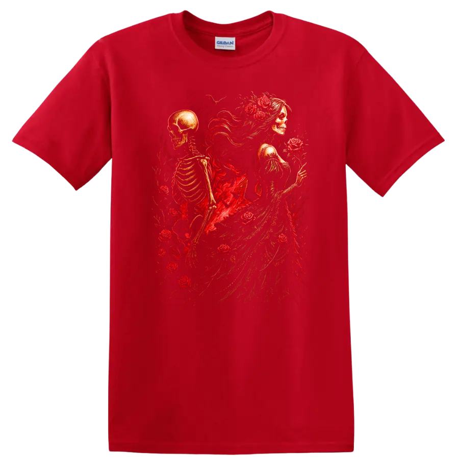 Vintage gothic skeletal woman and skeleton surrounded by red roses on a Red T Shirt