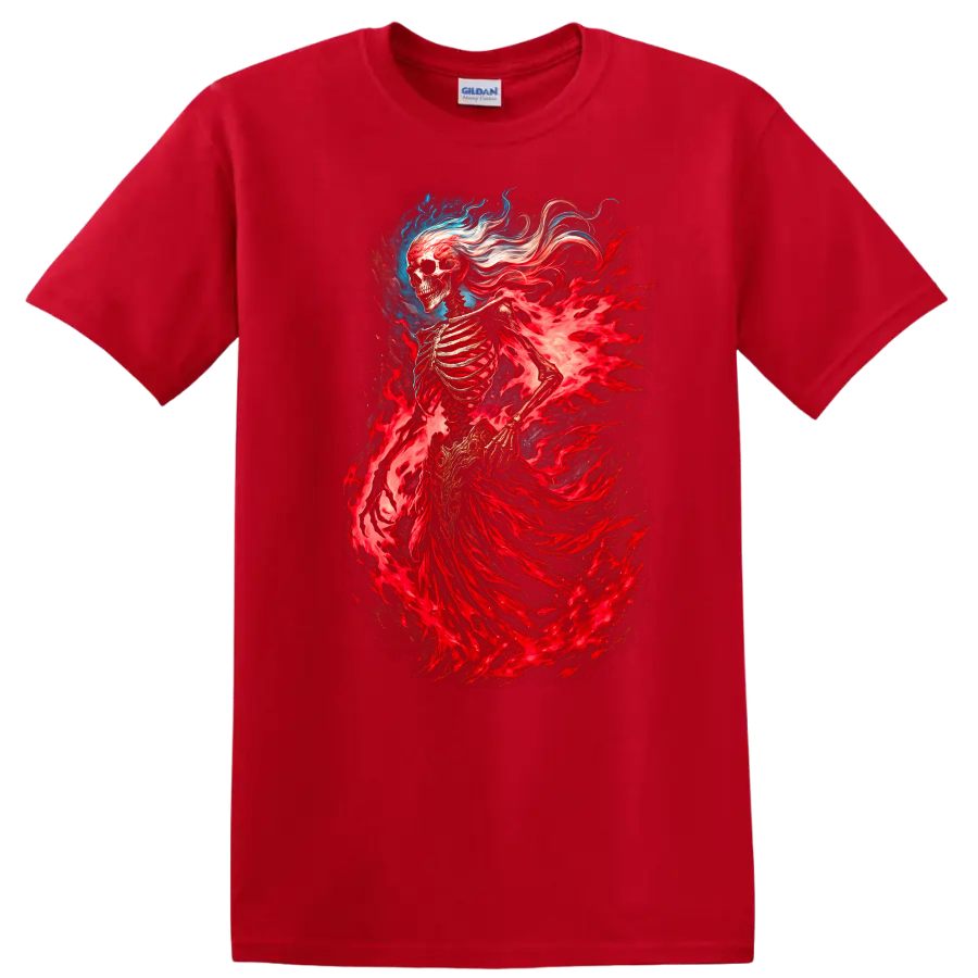 Flaming skeleton spirit with red spectral energy in detailed gothic fantasy art on a Red T Shirt