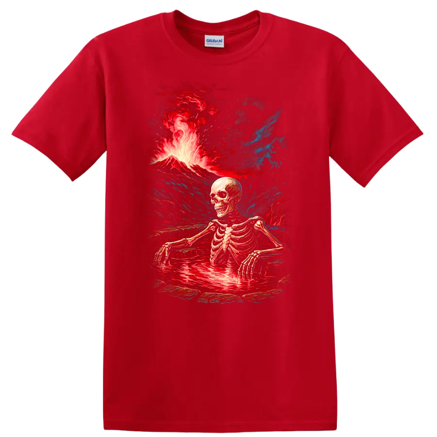 Vintage gothic skeleton standing in a lava pool beneath an erupting volcano on a Red T Shirt