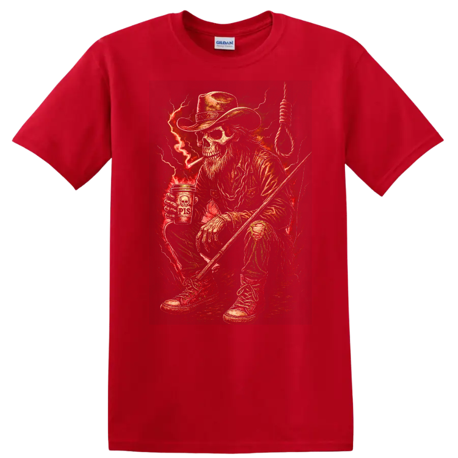 Vintage Gothic skeleton cowboy with red lightning, noose, boots, and rugged Western art on a Red T Shirt