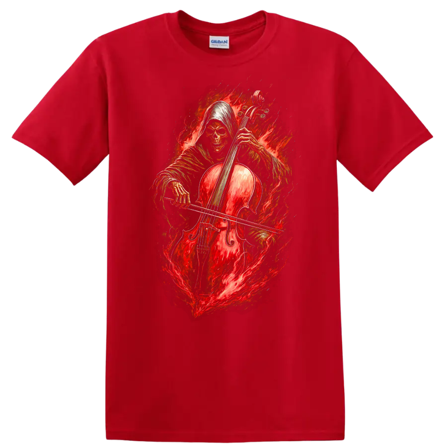 Hooded skeleton cellist with a red cello surrounded by fiery gothic artwork on a Red T Shirt