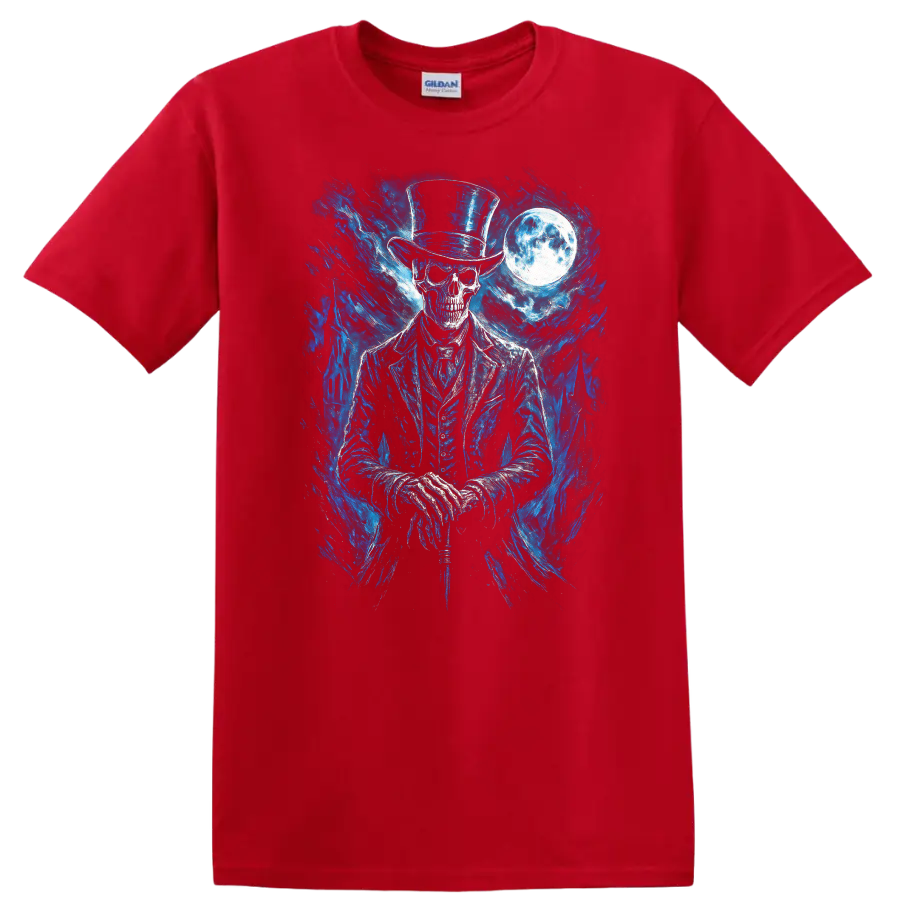 Moonlit gothic skeleton in top hat with blue spectral art and full moon on a Red T Shirt