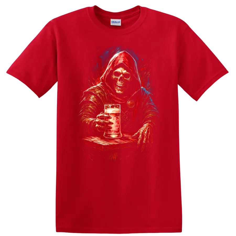 Hooded skeleton holding a beer mug in distressed red and blue gothic art on a Red T Shirt