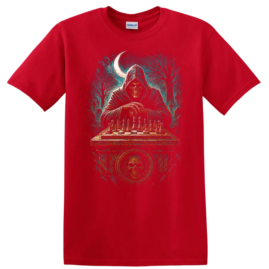 Hooded skull playing chess in a moonlit graveyard gothic illustration on a Red T Shirt
