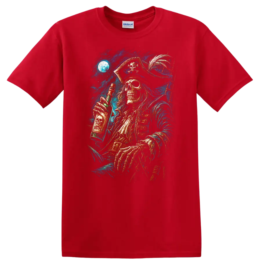 Moonlit skeletal pirate holding a rum bottle in detailed vintage gothic sea art on a Red T Shirt