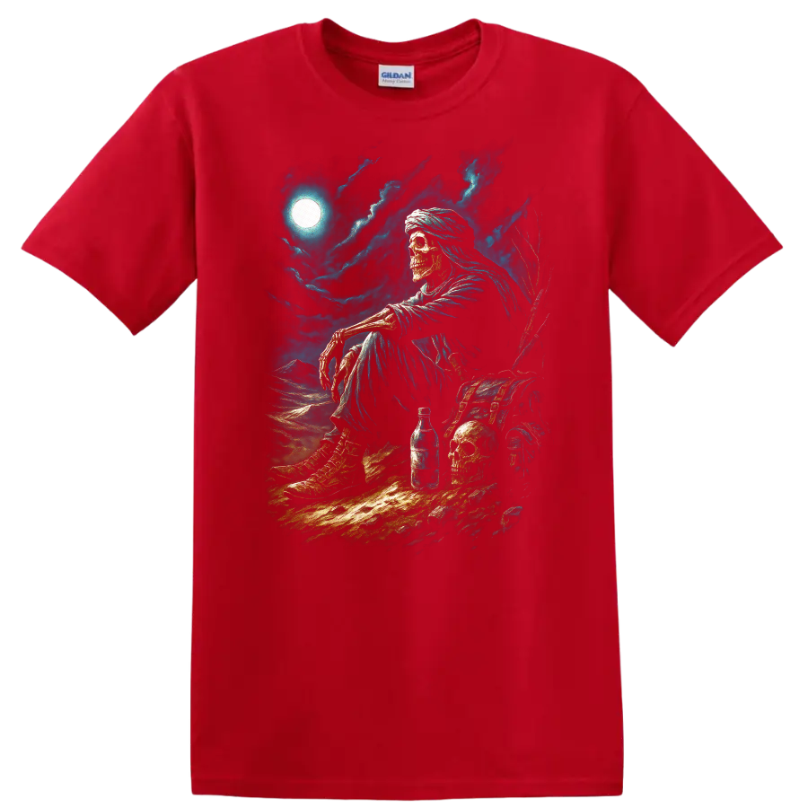 Moonlit skeleton wanderer with skulls, chest, and stormy gothic nightscape on a Red T Shirt